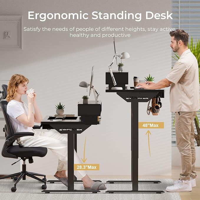 GTPLAYER Electric Standing Desk with Drawers 55 x 24 Inch Height Adjustable Gaming Desk with Monitor Stand Power Outlets &amp LED Lights Home Office Sit Stand Up Desk with Memory Preset (Black)