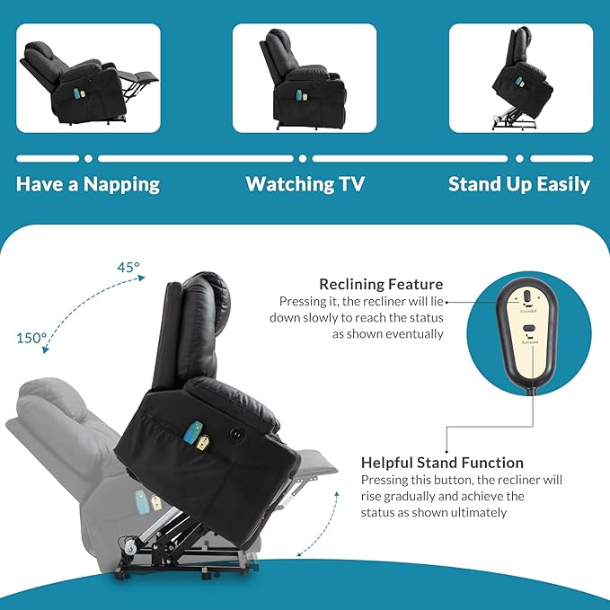 Power Lift Recliner Chair for Elderly Electric Massage Heated Recliner Faux Leather Lift Chair with 2 Remote Controls USB Ports Cup Holders &amp Side Pockets for Living Room (Black)