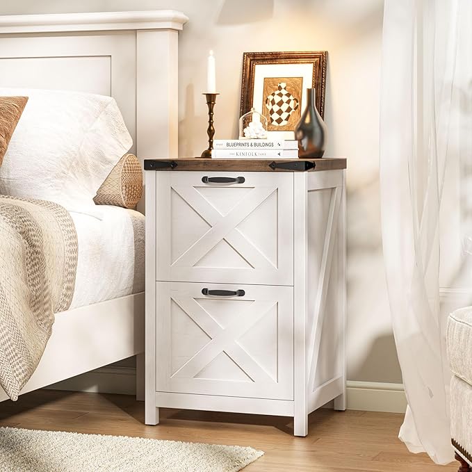 2 Drawer Small File Cabinet Farmhouse Vertical Filing Cabinet Fits Letter and A4 Size Under Desk Wooden File Cabinets for Home Office Printer Stand Rustic White
