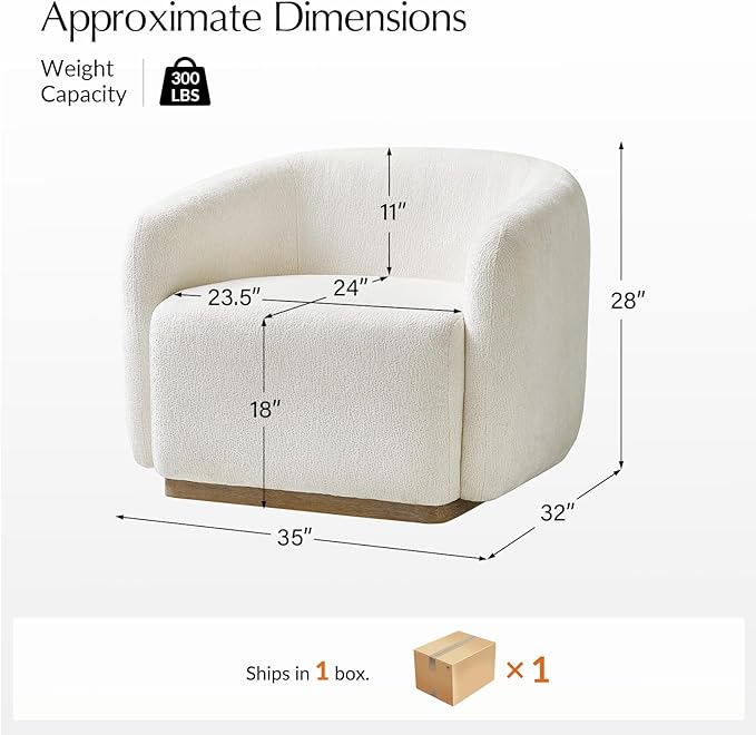 HULALA HOME Swivel Accent Chair with Solid Wood Base Chenille Curved Swivel Barrel Chair Modern Club Armchair Upholstered Single Sofa for Living Room No Assembly Required Ivory