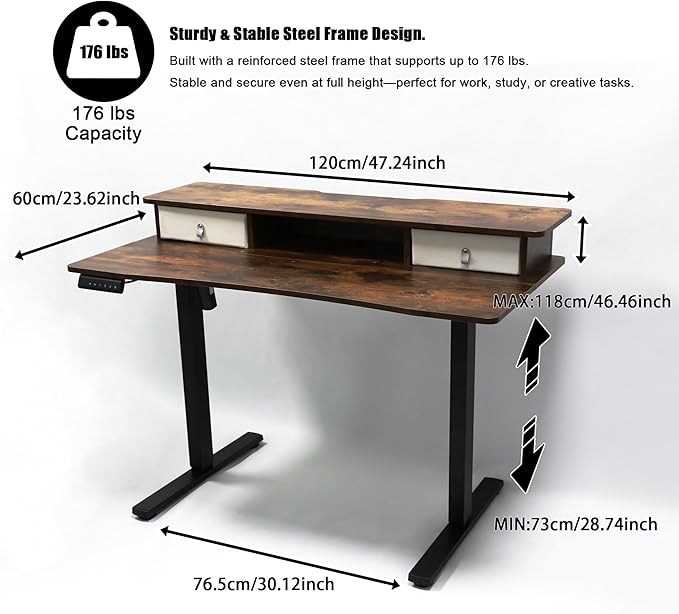 MSZ Sit &amp Standing Desk Adjustable Height Electric Sit Stand Up Down Computer Table 48x24 Inch Ergonomic Rising Modern Lift Motorized Gaming Desktop Work Home Office (Brown-Single Bookcase)