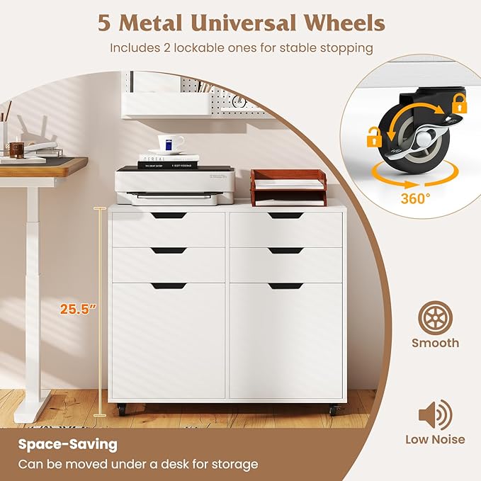 White File Cabinet with 4 Drawers and 2 Doors Under Desk Mobile Storage Organizer Wooden Printer Stand on Wheels 29 Lateral Filing Cabinet for Home Office Living Room
