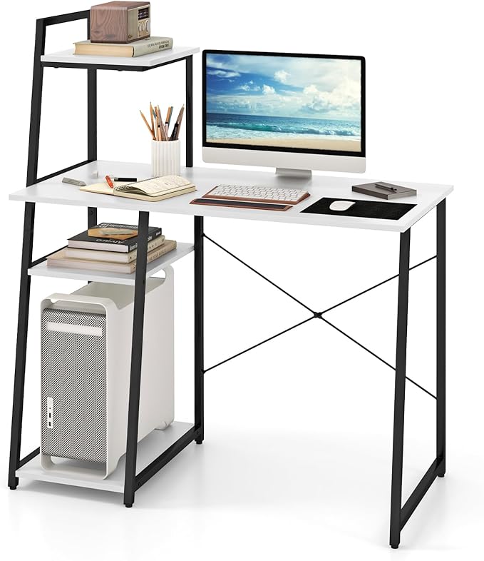 Giantex Computer Desk with Shelves 47.5” Home Office Desk with Bookshelf Host Stand Metal Frame PC Laptop Workstation Modern Study Writing Desk for Bedroom Small Space (White &amp Black)