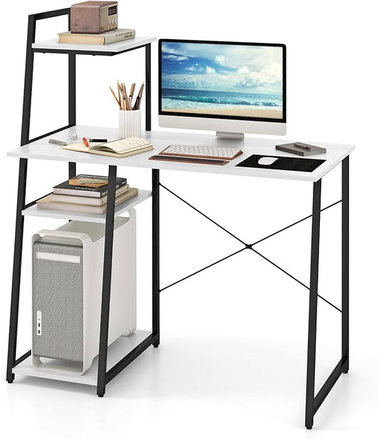 Giantex Computer Desk with Shelves 47.5” Home Office Desk with Bookshelf Host Stand Metal Frame PC Laptop Workstation Modern Study Writing Desk for Bedroom Small Space (White &amp Black)