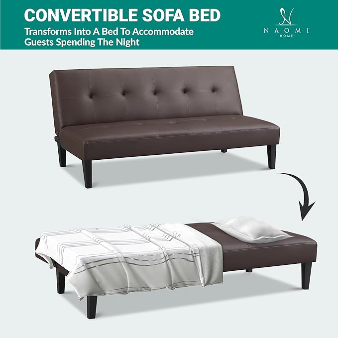 Naomi Home Button Tufted Futon Sofa Bed Espresso Faux Leather 3-Position Convertible Space-Saving 66.1 W