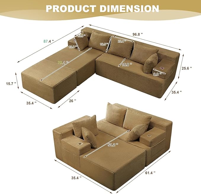 Boneless Couch Cloud Modular Sectional Sofa Modern Convertible L Shaped 3 Seat Corduroy Deep Seat Boneless Couches with 5 Pillows for Living Room Apartment (Brown Left Facing Chaise+Ottoman)