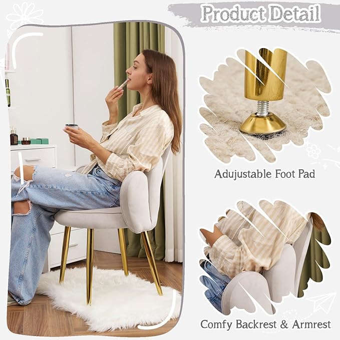 VINGLI Petal Makeup Vanity Chair with BackFlower Cute Girls Desk Chair Comfy No WheelsModern Dining ChairSmall Accent Chair with Adustable Gold Legs&ampBow Pillow for Home OfficeBedroomVelvetGr
