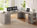 SEDETA Farmhouse 67 L Shaped Desk with 3 Drawers Executive Desk Home Office Desks with Storage Shelves Corner Computer Desk with Power Outlets for Home Office Grey