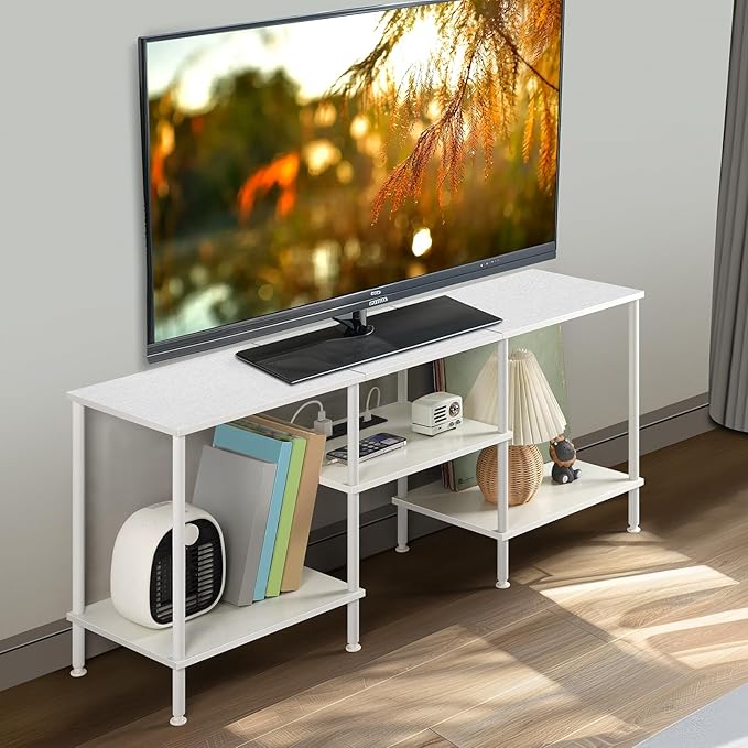 White TV Stand Bedroom with Power Outlets Small Entertainment Center Stand with Open Storage Shelves for TVs up to 50 Inch Wood TV Media Console Table with for Living Room Bedroom