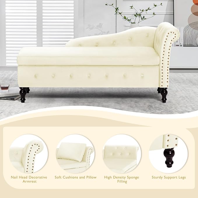 Upholstered Chaise Lounge with Right Armrest &amp Lumbar PillowButton Tufted Lounge Sofa with StorageLounge Chair IndoorModern Velvet Lounge Chair for Bedroom Living Room and OfficeBeige