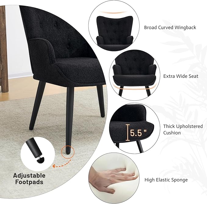 Furniliving Boucle Accent Chair for Living Room Upholstered Reading Chair with High Backrest Tufted-Button Wingback Armchair for Bedroom Dressing Room Home Office Black Set of 2