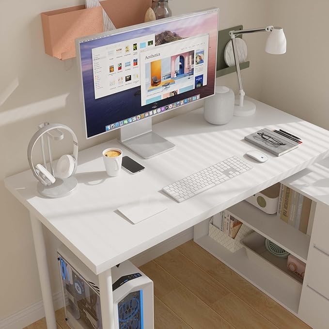 L Shaped Computer Desk 47 Inch Home Office Desk with File Drawers &amp Storage Shelves Small Corner Computer Desk for Small Space (White)