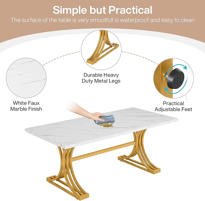 Tribesigns 63-Inch Large Office Desk Modern Rectangular Executive Desk with Stylish Gold Legs Wood Faux Marble Table Business Furniture for Home Office White and Gold