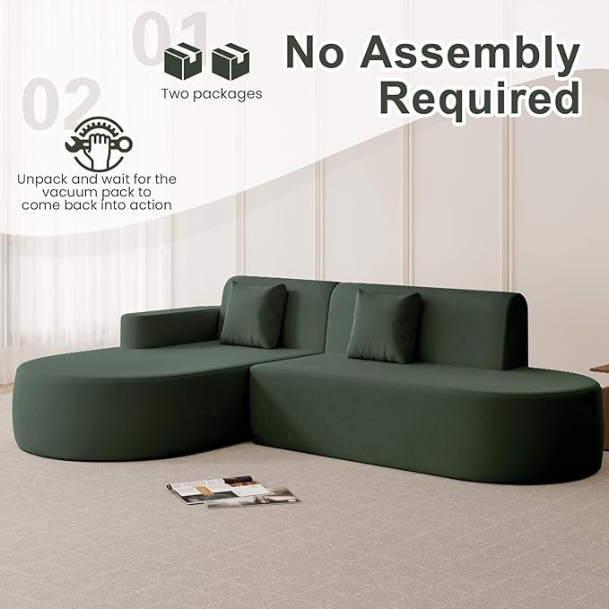 MELLCOM Modern Curved Boneless Sofa Couch L-Shaped Corner Sofa No Assembly Needed Chenille Upholstered Cloud Sectional Couch for Living Room Bedroom and Apartment (Green Left Hand Facing)