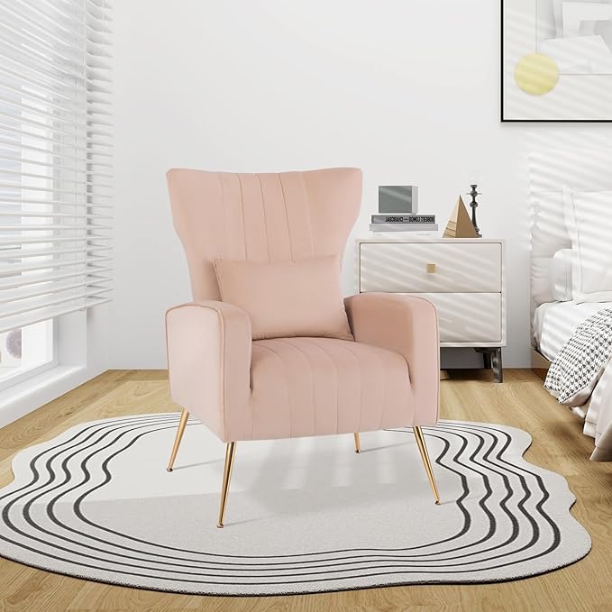 Giantex Velvet Accent Chair with Lumbar Pillow Upholstered Tufted Wingback Arm Chair w/Golden Metal Legs Mid Century Modern Single Sofa Chair for Living Room Bedroom Max Load 400 LBS Pink