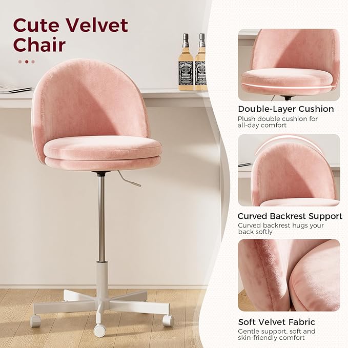 COMHOMA Vanity Chair with Velvet Fabric Small Tall Armless Chair with Back Cute Candy Chair for Girls Gift Living Room/Makeup Room/Bedroom/Kitchen (Height Use: Adjustable from Desk to Bar Height)