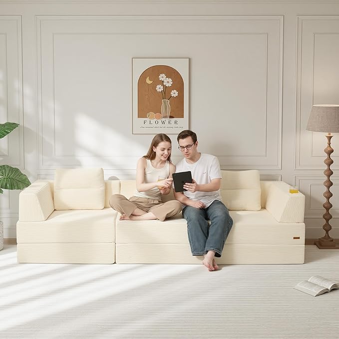 COMAX Futon Sofa Bed 3 Seater 106 Convertible Sofa Bed Couches for Living Room 4 in 1 Folding Boneless Sleeper Corduroy Couch Foam in a Box Comfy Foldable Lounge Fold Out Floor Mattress Beige