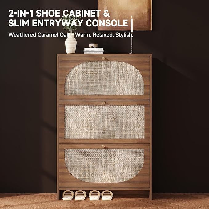 Nicetree Freestanding Ultra Slim Arched Rattan Accent Shoe Storage Cabinet for Entryway - 3 Flip Drawers &amp 3-Tier Adjustable Shelves Farmhouse Modern Rustic Shoe Rack for Hallway FoyerOak