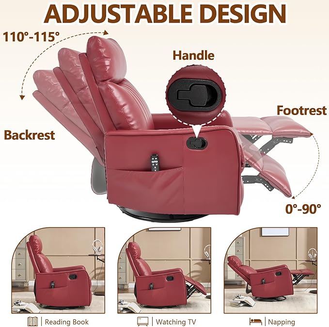 Massage Recliner Chair with Heat Slim Recliners for for Adults Swivel Rocking Chair Recliner with High Back Small Recliner Chair for Small Spaces Living Room Adjustable Footrest (Wine Red)
