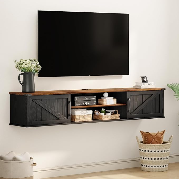 Floating TV Stand with Doors 63'' Farmhouse Floating TV Shelf for TVs up to 80 Inch 2 Tier Wall Mounted TV Stand Floating Entertainment Center TV Floating Cabinet for Living Room Bedroom Black