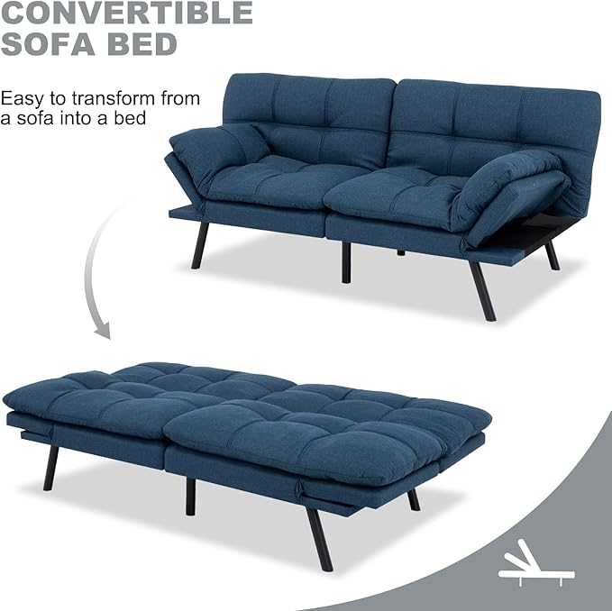 MUUEGM Futon Sofa Bed Convertible CouchMemory Foam Futon Sofa CouchSleeper Futons Sofa CouchesSmall Splitback Modern Loveseat Sofa Bed for Living RoomOfficeApartmentLinen FabricBlue.