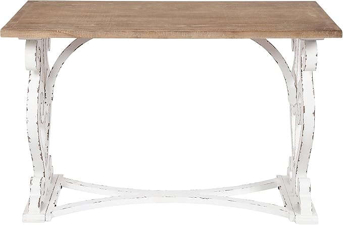 Kate and Laurel Wyldwood Farmhouse Wooden Desk 46 x 24 x 30 Brown and White Rustic Carved Wood Computer Desk for Functional and Stylish Home Office Decor