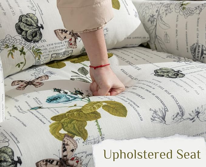 Floral Accent Chairs Set of 2 Farmhouse Upholstered Armchair Reading Chair Mid Century Modern Single Sofa Chair with Pillow for Bedroom/Living Room/Fireplace Beige&ampGreen Butterfly Pattern