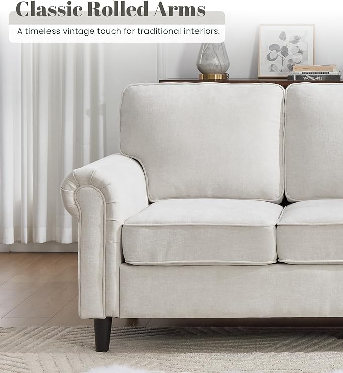 Kingfun 3 Seater Couch Mid Century Modern Sofa with Rolled Arms and Deep Seats Fluffy Comfort for Living Room Apartment Easy Assembly Beige