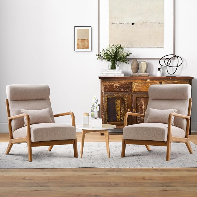 INZOY Mid Century Modern Accent Chair Set of 2 High Back Reading Armchair with Wood Frame Upholstered Living Room Chairs with Waist Cushion Single Lounge Arm Chair for Bedroom Sunroom Beige