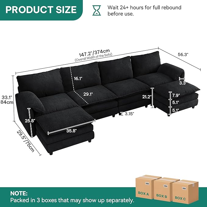 YITAHOME 142 Modular Sectional Sofa with Movable Ottoman Modern U Shaped Couch with Pillow-Armrest Velvet 6 Deep Seat Cloud Couch for Living Room Apartment Office Black