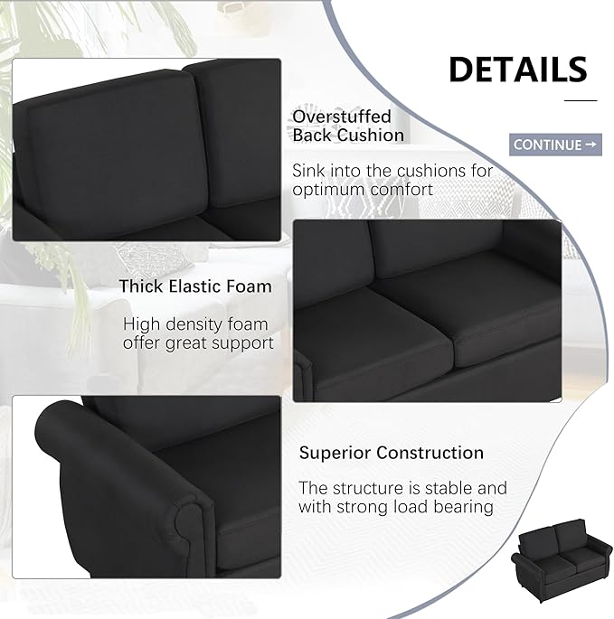 Merax 57.9 Loveseat Sofa Couch with Pull Out Bed 3 in 1 Convertible Line Fabric Sleeper Sofa Bed with 2 USB Ports and Twin Size Memory Mattress for Apartment Office Living Room (Black)
