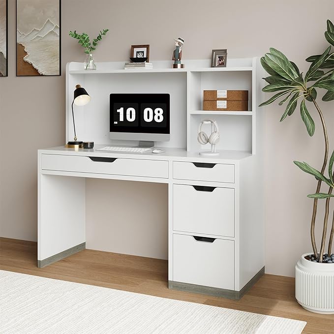 White Desk with Hutch 53 Inch Computer Desk with Storage File Drawer White Study Desk with 4 Drawers for Bedroom Small Space
