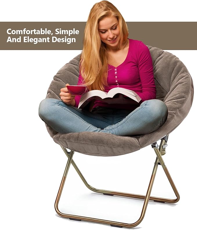 Cozy Saucer Chair Living Room Chair Faux Fur Soft Thick Padded Seat Metal Frame Folding Chair Comfortable Moon Chair for Living Room Bedroom Reading Nook Modern Style 1 Pack Brown