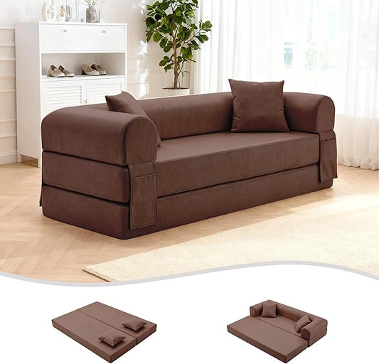 78.5 Convertible Sleeper Sofa Bed Faux Leather Folding Floor Sofa with Pullout Bed&amp2 Pillows No Assembly Modern Boneless Couch Compression Sofa in Box with Storage Pocket for Living Room Brown
