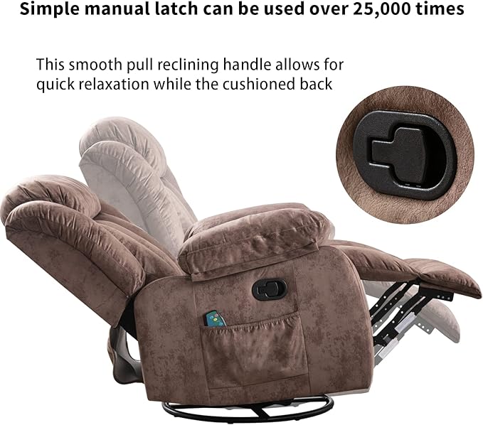 CANMOV Massage Rocker Recliner with Heat and Vibration 360 Degree Swivel Manual Antiskid Fabric Single Sofa Heavy Duty Reclining Chair for Living Room Dark Brown