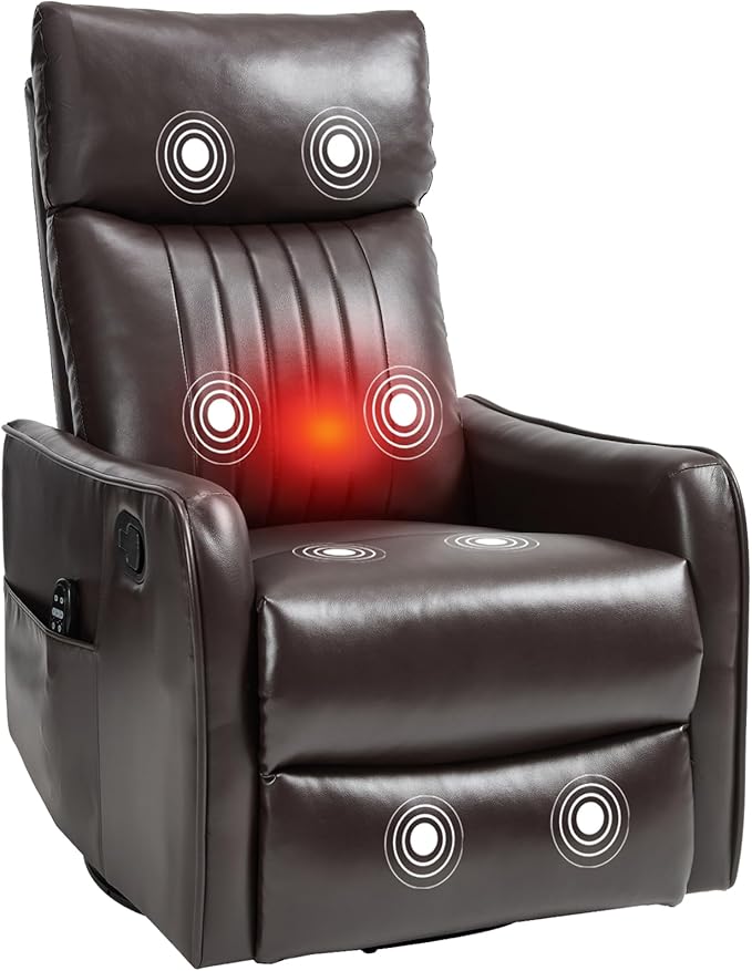 PELUMY 360 Swivel Rocking Recliner Chair for Adults Nursery Rocking Chair with Heat and Massage Glider Reclining Chair for Small Space Living Room Bedroom (Breathable Leather Dark Brown)