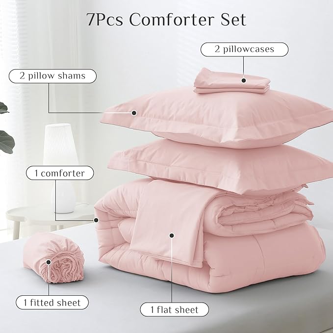 JOLLYVOGUE California King Comforter Set Ultra-Soft Bed in a Bag Cal King Size 7 Pieces Oeko-TEX Certified Bedding Set with Down Alternative Comforter Sheets Pillowcases &amp Shams Blush Pink