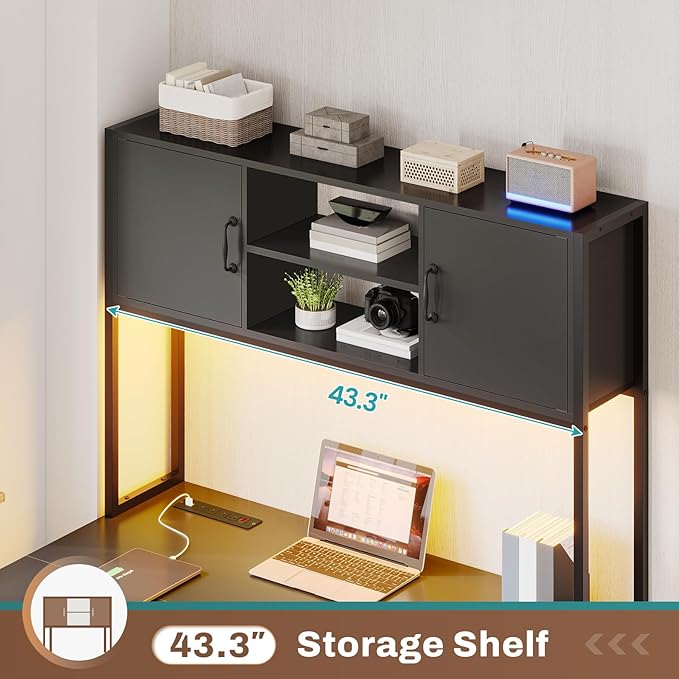SEDETA Corner Computer Desk Reversible L Shaped Computer Desk with Fabric Drawers and Power Outlet Gaming Desk with Led Lights Hutch and Storage Shelf for Home Office Black
