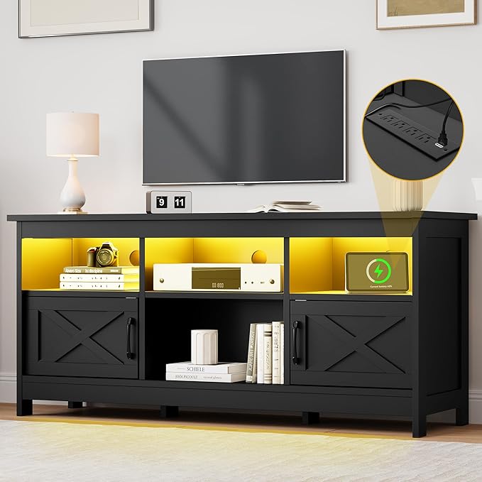DWVO Farmhouse TV Stand for 65 Inch TV Black Entertainment Center with LED Lights &amp Power Outlet TV Media Console with Storage for Living Room Black
