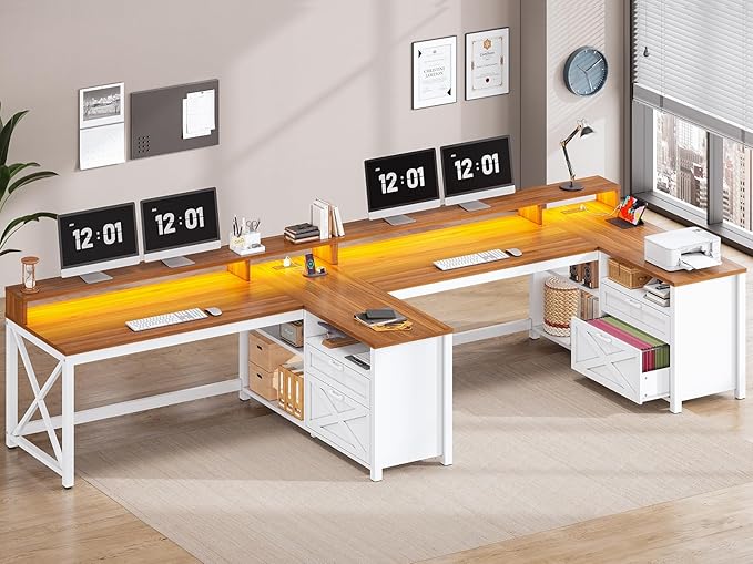 SEDETA Farmhouse L Shaped Desk 55 Home Office Desk with Drawers and Storage Shelves L Shaped Gaming Desk with LED Lights Power Outlet and Monitor Shelf Brown