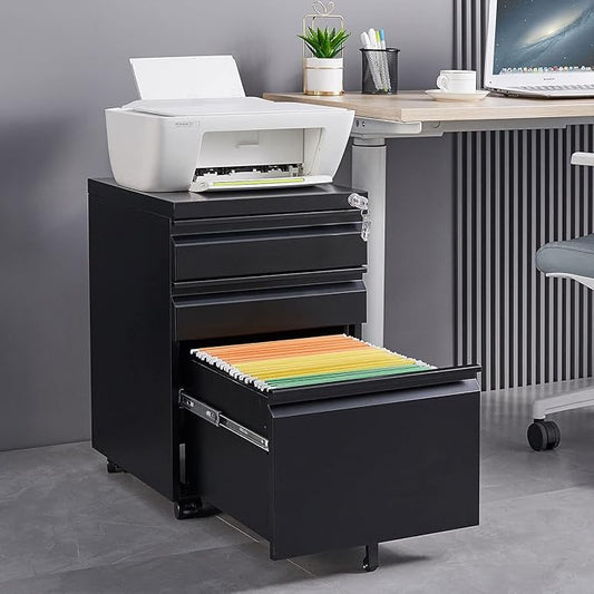 Mobile File Cabinet with Lock Office Storage Solution for Legal &amp Letter Size Documents Metal Filing Cabinet with Printer Stand Pre-Assembled Except Casters (Black 3 Drawers)