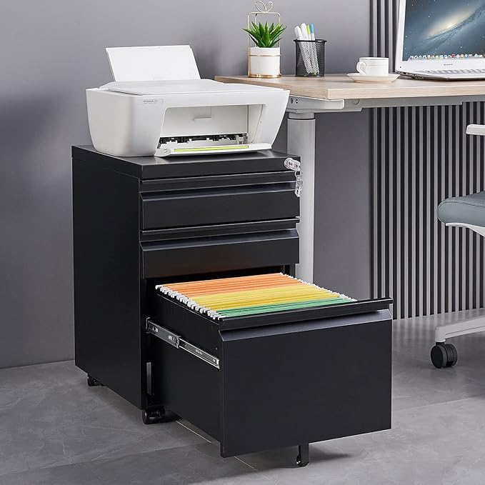 3 Drawer Mobile File Cabinet with Lock Under Desk Small Storage Organizer Filing Cabinets for Home Office Locking Drawers for Legal/Letter/A4 FilesBlack