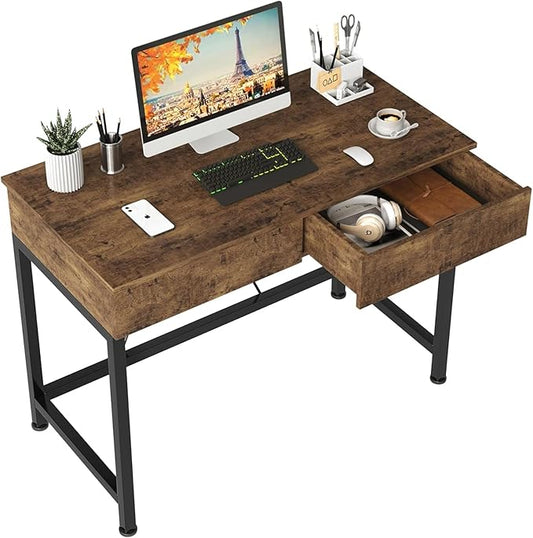 CAIYUN 40“ Small Desk for Bedroom Computer Desk with 2 Wooden Drawers Home Office Desk with Storage Vanity Desk Kids Study Writing Desk for Small Space Vintage Table for Bedroom(Rustic Brown)