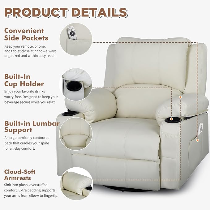 Rocking Recliner Chair with Heat and Massage Overstuffed PU Leather Recliners for Living Room Modern Single Rocking Chair for Adults Manual Swivel Rocker Recliner with Cup Holders Cream White