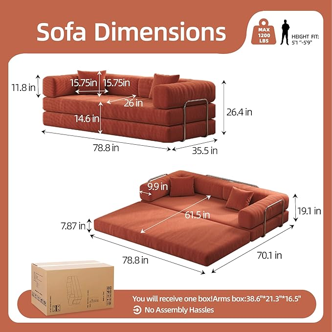 5-in-1 Folding Convertible Sofa Bed Loveseat Sleeper with Pull-Out Bed Floor Sofa Modular Futon Couch 79 Oversized Corduroy Upholstered Boneless Couch for Living Room Bedroom Lounge Orange-A