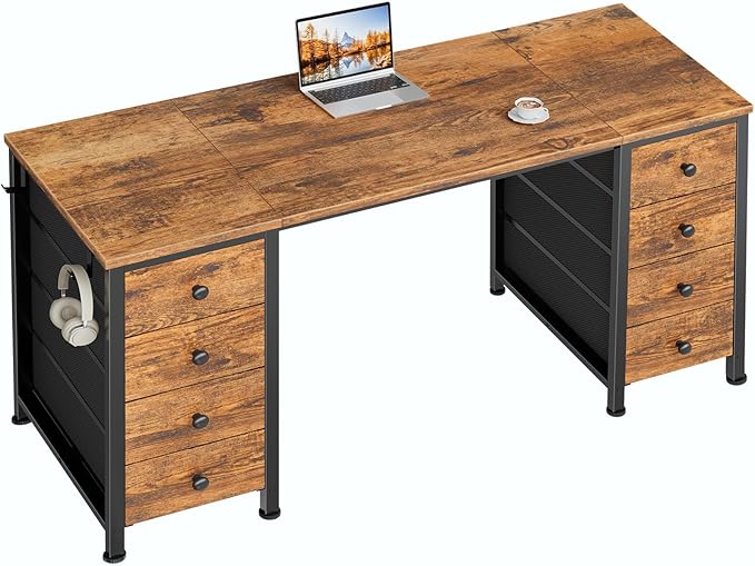 DLisiting Home Office Desk with Drawers for Storage - 55 inch Computer Desk with 8 Fabric Drawer Writing Study Work Desks with Drawers on Both Sides for Bedroom