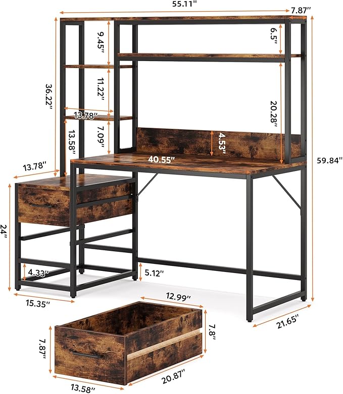 LITTLE TREE Computer Desk with Drawers and Hutch Rustic Office Desk with Storage Shelves for Home Office