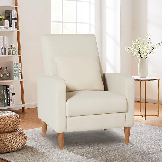 COLAMY Mid-Century Modern Upholstered Accent Chair with Back Pillow &amp Solid Wood Legs Fabric Cozy Armchair for Living Room Bedroom Reading Nook Apartment &amp Small Spaces Beige