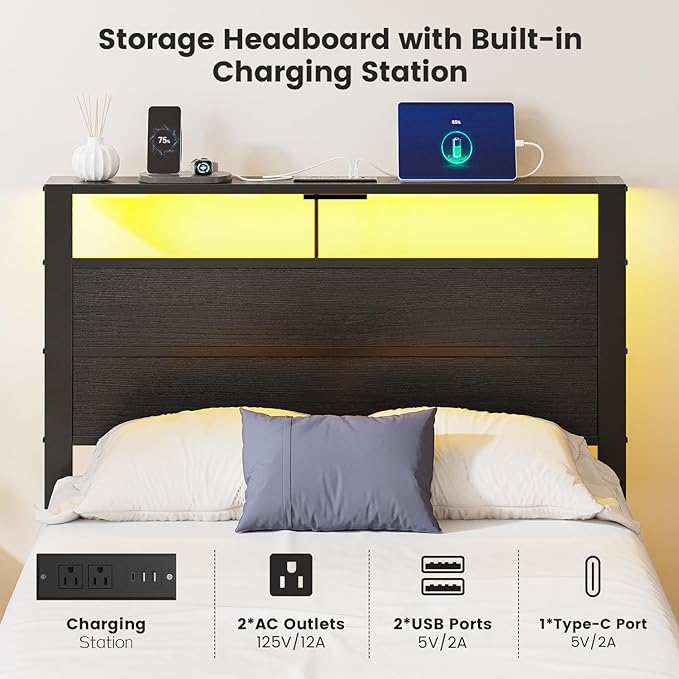 Twin Bed Frame with LED Lights &amp USB Charging Station Black Metal Platform Bed with Storage Headboard Under-Bed Space Noise-Free &amp Sturdy No Box Spring Needed Easy Assembly