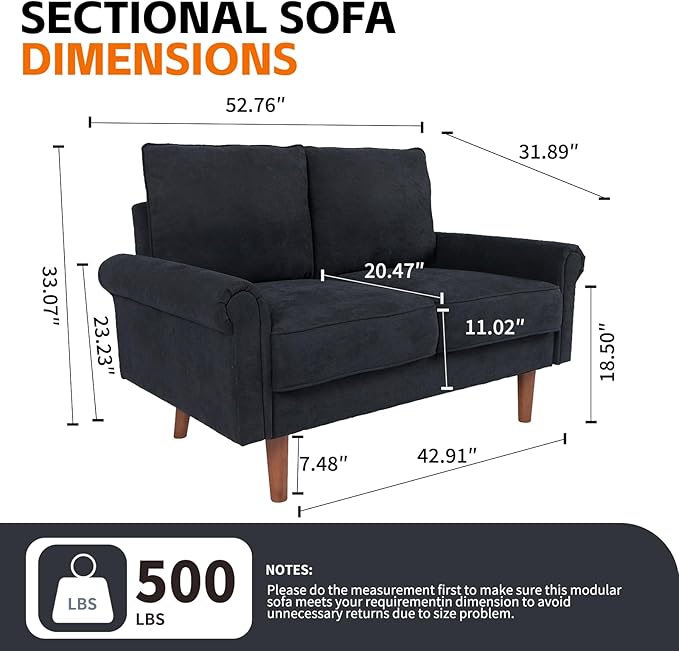 57-Inch Modern Velvet Loveseat Sofa with Rolled Armrests Removable Cushions Solid Wood Legs Comfy Two-Seater Sleeper Couch Easy Assembly for Living Room Bedroom Office Black (Black 2 Seater)
